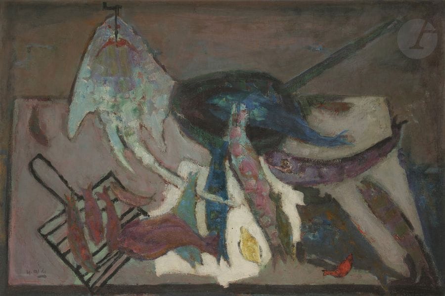Yvette ALDE (1911-1967)
Poissons
Huile sur toile.
Signée en bas à gauche.
Signée et titrée au dos.
54 x 81 cm