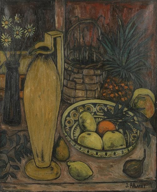Jean ALBARET (1920-1995)
Nature morte aux fruits, 1954
Huile sur toile.
Signée en bas à droite.
Signée et datée au dos.
73 x 60 cm

Bibliographie : 
Éric Mercier, La Jeune peinture, Années 50, Tome II, Panorama de la Jeune Peinture, Zurich, Artacatos, 2010, reproduit p. 29.