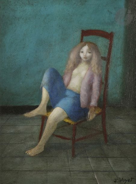 Jacques VOYET (1927-2010)
Jeune fille à la chaise
Huile sur panneau.
Signée en bas à droite.
35 x 27 cm

Provenance : 
Galerie, Daune, avenue Matignon, Paris (étiquette au dos).