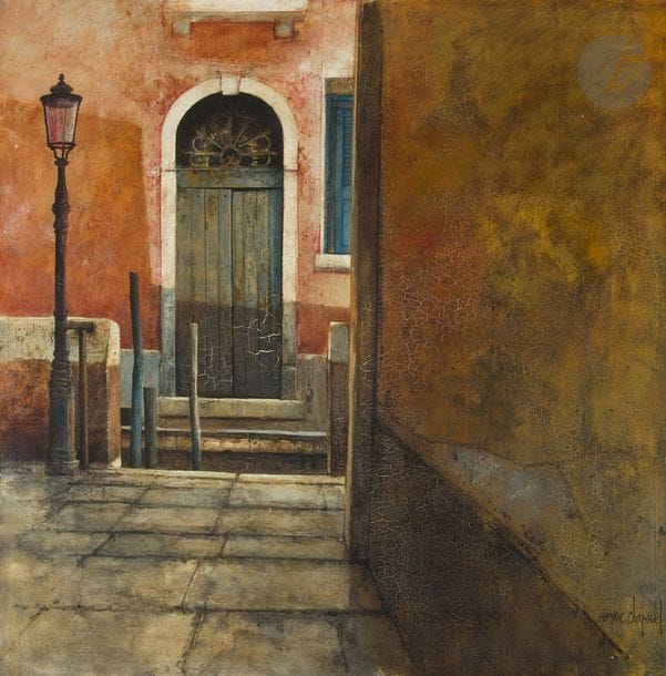 Marc CHAPAUD (né en 1941)
Venise, porte sur le canal, 1973
Huile sur toile.
Signée en bas à droite.
Signée, datée et titrée au dos.
(Petites craquelures).
100 x 100 cm