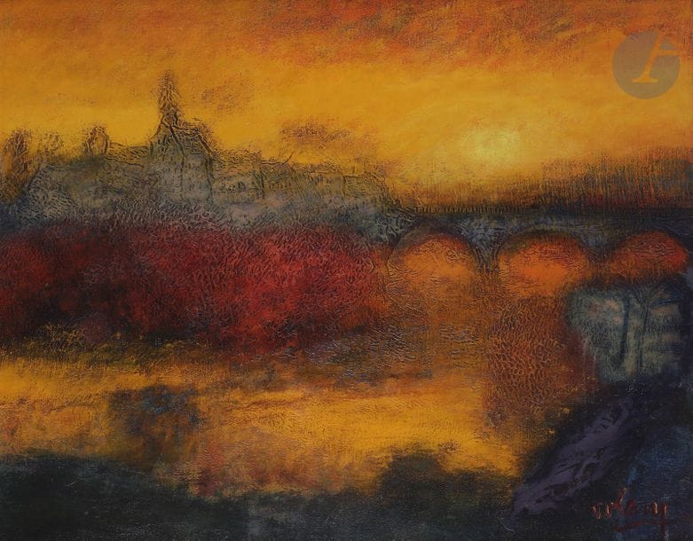 Jean VOLANG (1921-2005)
Le Vieux pont
Huile sur toile.
Signée en bas à droite.
Titrée au dos.
73 x 92 cm