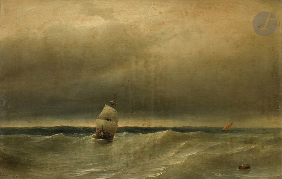 Théodore GUDIN (1802-1880)
Marine, 1829
Huile sur toile.
Signée et datée en bas à gauche.
(Usures).
32.5 x 49 cm