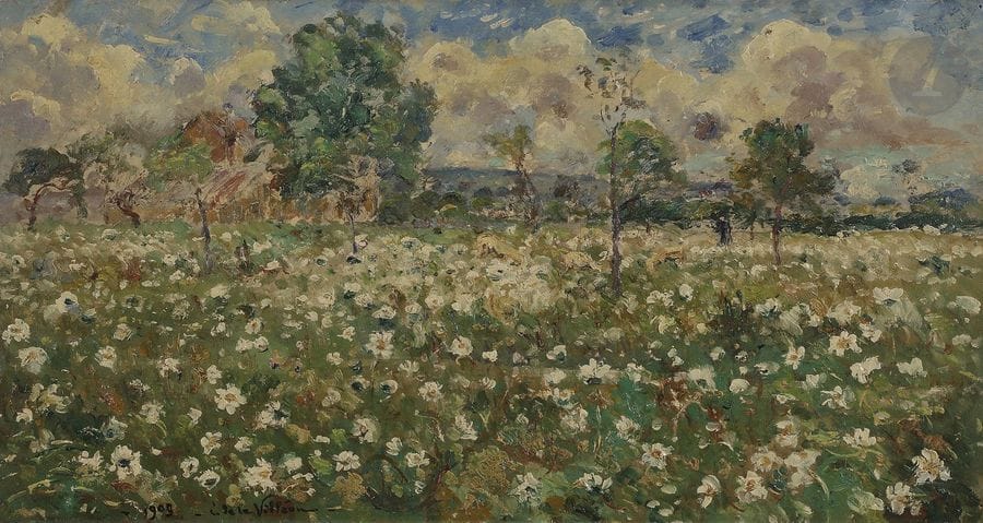 Emmanuel de la VILLÉON 
(1858-1944)
Champs de marguerites, 1909
Huile sur panneau.
Signée et datée en bas à gauche.
32.5 x 61 cm

Provenance : 
Galerie L. Prevost, Paris (tampon au dos).