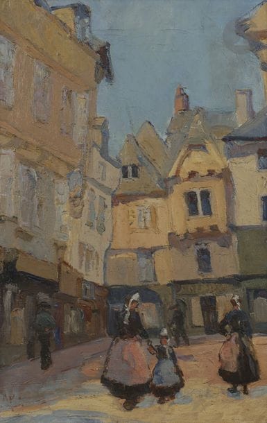 École BRETONNE
Pont-Aven, rue animée
Huile sur toile.
Signée en bas à gauche.
41 x 27 cm
