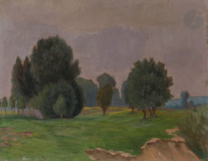 Léo GAUSSON (1860-1944)
Paysage, vers 1891
Huile sur carton.
Non signée.
27 x 35 cm

Provenance : 
Collection du sculpteur Alexandre Charpentier, ami de l’artiste. Par descendance.