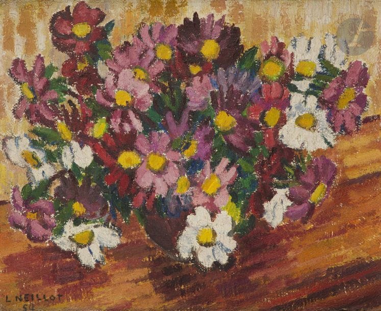 Louis NEILLOT (1898-1973)
Les Reines marguerites, 1954
Huile sur toile.
Signée et datée en bas à gauche.
38 x 46 cm

Provenance : 
Galerie Sélection, Tunis (étiquette au dos).

Nous remercions Madame Juliette Constantin-Neillot d’avoir confirmé l’authenticité de cette œuvre.