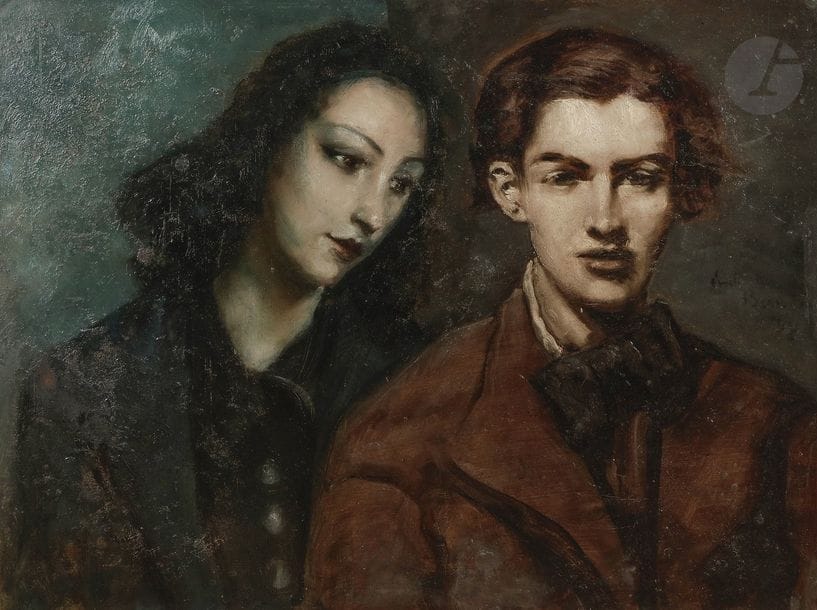 émile BERNARD (1868-1941)
Portrait de jeune couple, 1938
Huile sur carton.
Signée et datée sur la droite.
60 x 80 cm