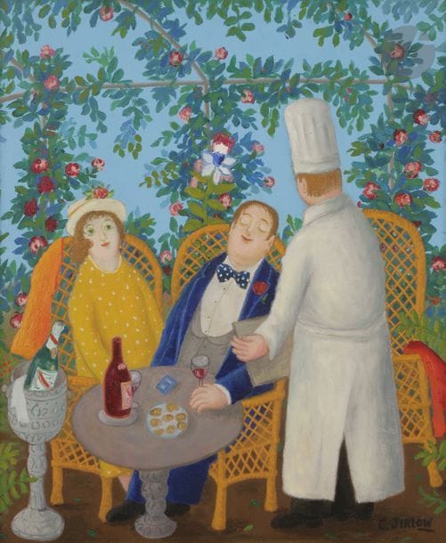 Lennart JIRLOW [suédois] (né en 1936)
Le Couple sous la tonnelle, 1995
Huile sur toile.
Signée en bas à droite.
65 x 50 cm

Exposition : 
Lennart Jirlow, Hommage à la gastronomie, Galerie Pétridès, Paris, 2-25 juin 2004, n°26.
