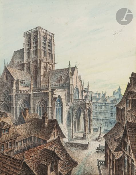 Gabriel Robuchon dit MÉROVAK (1874-1955)
Église du Carville à Darnetal
Encre et aquarelle.
Signée en haut à droite.
Signée dans la composition en bas à gauche.
39 x 32 cm