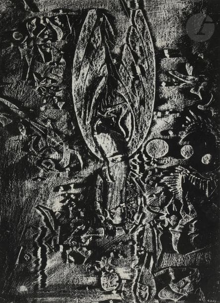 Adrien DAX (1913-1979)
Sous l’écorce des pierres, 1960
Frottage sur fond noir.
Signé en bas à droite.
Signé, daté et titré au dos.
69 x 54 cm