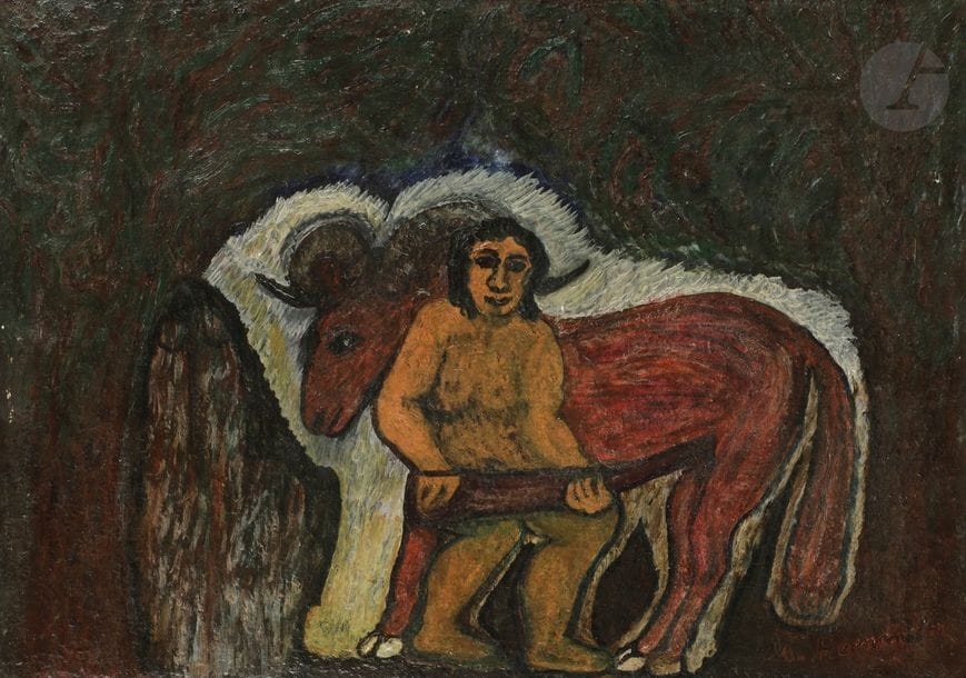 Miguel HERNANDEZ [espagnol] (1893-1957)
Homme au bélier, 1947
Huile sur toile.
Signée et datée en bas à droite.
38 x 55 cm
