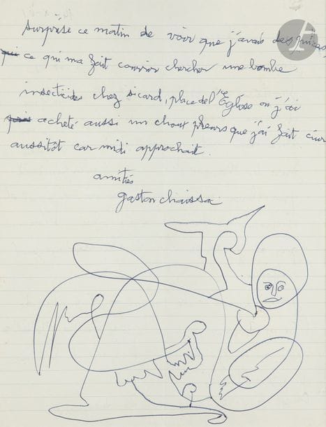 Gaston CHAISSAC (1910-1964)
Personnage, 1961
Stylo bleu.
Dessin sur une lettre manuscrite signée et datée.
26 x 20 cm