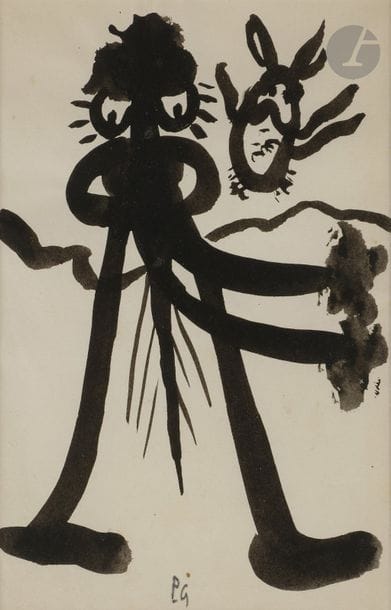 Pierre GIRAUD (1913-1988)
Personnage, vers 1947-48
Encre et lavis d’encre.
Porte un monogramme apocryphe en pied.
20 x 13 cm