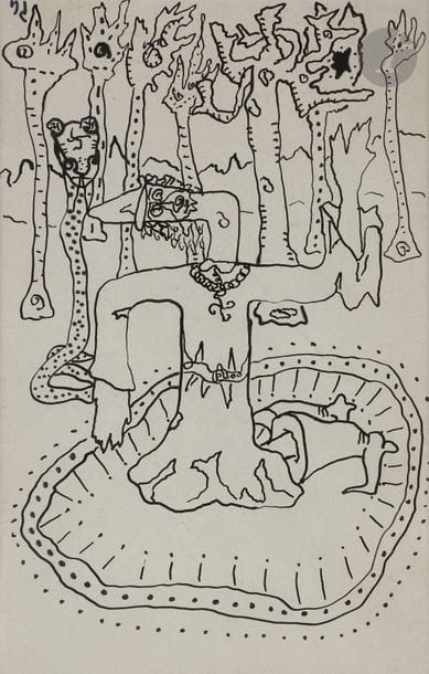 Pierre GIRAUD (1913-1988)
Merlin ayant réussi à faire… avec les serpents empreinte une lune sacrée, vers 1947-48
Encre.
Porte un monogramme apocryphe.
Titrée au dos.
20.5 x 13 cm

Le dessin a été réalisé au dos d’une affichette consacrée à la Rétrospective des Peintres du Limousin du 6 au 29 juin 1947, Musée de L’Évéché, Limoges.