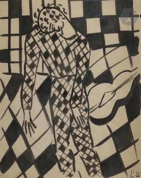 Pierre GIRAUD (1913-1988)
Arlequin-musicien
Encre sur papier kraft.
Monogrammée en bas à droite.
28.5 x 23.5 cm