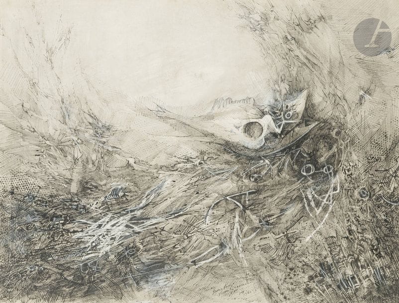 Louis PONS (né en 1927)
Poisson hilare, 1960
Encre, lavis d’encre et gouache.
Signé, daté et titré en pied.
50 x 65 cm