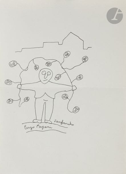 Jean-Joseph SANFOURCHE (1929-2010)
Enzo Pagani - Monsieur et Madame Pagani de Milan
2 encres.
Signées et titrées.
(Pliure au centre).
29,5 x 21 cm - 32 x 24 cm

On joint un dessin à l’encre non signé du même artiste.