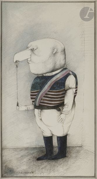 Denis POUPPEVILLE (né en 1947)
Genre chasse-d’eau, 1981
Encre et aquarelle.
Signée et datée en bas à gauche.
Signée et titrée au dos.
Porte le timbre de l’artiste au dos.
28.5 x 16 cm