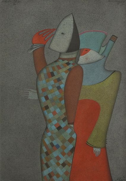 Michel CHEMIAKIN (né en 1943)
Deux personnages, 1975
Encre et aquarelle.
Signée en bas à droite.
Légendée.
60 x 42 cm