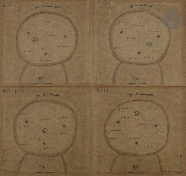 Titi PARANT (née en 1947)
Je t’embrasse, 1975
Encre sur papier patiné.
Signée et datée en bas à droite.
49 x 52 cm