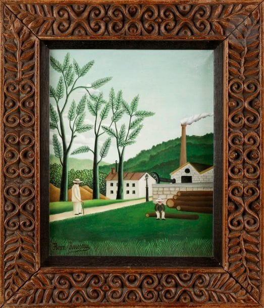 Henri Julien Rousseau dit le DOUANIER ROUSSEAU (1844-1910)
La Scierie de Bièvres, vers 1909
Huile sur toile.
Signée en bas à gauche.
Titrée au dos sur une étiquette.
41 x 33 cm

Provenance : 
Collection Monsieur D., région parisienne. Par descendance successive.

Un certificat de Dora Vallier, en date du 30 novembre 1995, sera remis à l’acquéreur.

Le personnage représenté en costume et chapeau blanc se tenant de profil avec sa canne se retrouve dans la même position sur un autre tableau connu du Douanier Rousseau, intitulé Vue du Luxembourg, monument de Chopin, 1909 (reproduit in Yann Le Pichon, Le Monde du douanier Rousseau, Paris, Robert Laffont, 1982, p. 108).
