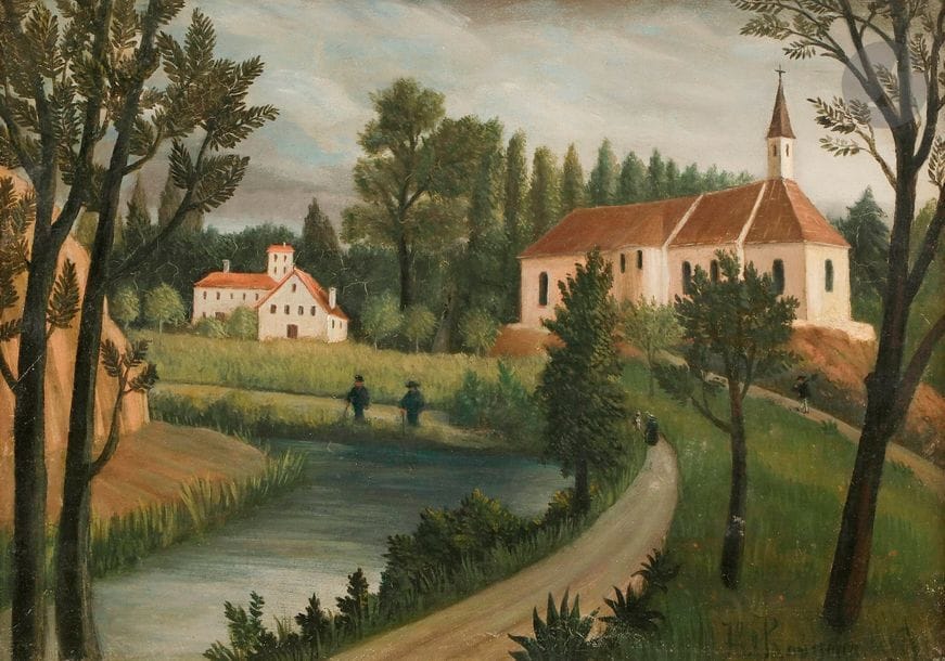 Henri Julien Rousseau dit le DOUANIER ROUSSEAU (1844-1910)
Paysage à la chapelle, vers 1890-1895
Huile sur toile.
Signée en bas à droite.
(Rentoilé).
24 x 33 cm

Provenance : 
- Collection particulière, Berne.
- Déposé au Kunstmuseum, Berne.
- Collection privée, Lugano.
- Collection privée, Monaco.

Bibliographie : 
- Jean Bouret, Henri Rousseau, Neuchâtel, Éditions Ides et Calendes, 1961, reproduit p. 181 sous le n°64. 
- Dora Vallier, Tout l’œuvre peint de Henri Rousseau, Paris, Flammarion, Les Classiques de l’Art, 1970, reproduit p. 115 sous le n°P. 16.

Un certificat de Pierre Courthion, en date du 10 mai 1951, sera remis à l’acquéreur. Un certificat de Monsieur Serge Férat et André Schoeller, daté de mars 1951, sera remis à l’acquéreur.