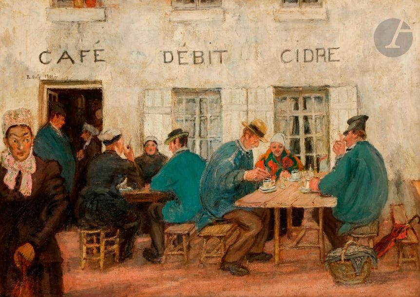 Raoul DUFY (1877-1953)
Paysans normands à la terrasse d’un café, 1901
Huile sur toile.
Signée et datée en haut à gauche.
43 x 61 cm
(Rentoilée).

Bibliographie :
Maurice Laffaille et Fanny Guillon-Laffaille, Supplément au Catalogue Raisonné Raoul Dufy, Paris, Éditions Louis Carré & Cie, 1985, reproduit p. 18, n°1820.

Un certificat de Madame Fanny Guillon-Laffaille, en date du 15 octobre 2013, sera remis à l’acquéreur.