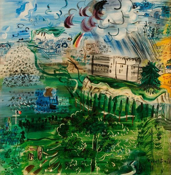 Raoul DUFY (1877-1953)
Embouchure de la Seine et campagne normande, étude pour le bar du Palais de Chaillot, 1938
Huile sur panneau parqueté.
Signée en bas à droite.
44.5 x 43 cm

Provenance :
- Collection Monsieur Jacques Hamon.

Bibliographie :
Maurice Laffaille, Raoul Dufy, Catalogue Raisonné de l’œuvre peint, Tome IV, Genève, Éditions Motte, 1977, reproduit p. 229, n°1721.

Un certificat de Madame Fanny Guillon-Laffaille, en date du 17 octobre 2013, sera remis à l’acquéreur.