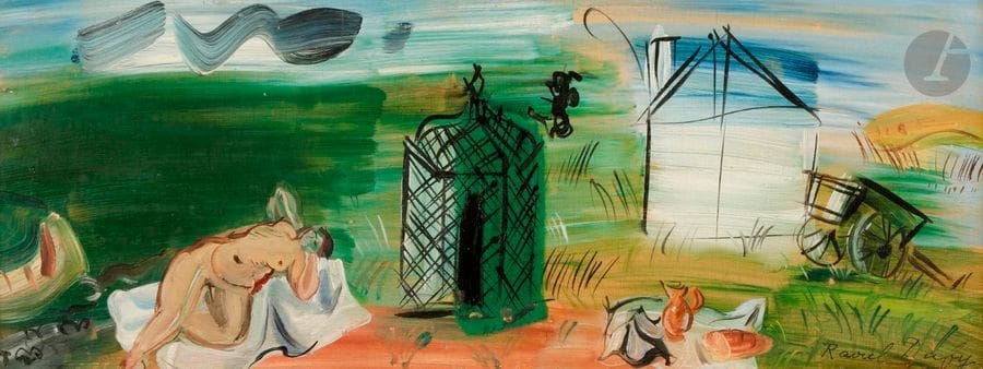 Raoul DUFY (1877-1953)
Nu à la tonnelle, 1942
Huile sur panneau.
Signée en bas à droite.
(Petits manques).
17 x 43 cm

Bibliographie :
Maurice Laffaille, Raoul Dufy, Catalogue Raisonné de l’œuvre peint, Tome IV, Genève, Éditions Motte, 1977, reproduit p. 225, n°1710.

Un certificat de Madame Fanny Guillon-Laffaille, en date du 18 octobre 2013, sera remis à l’acquéreur.
