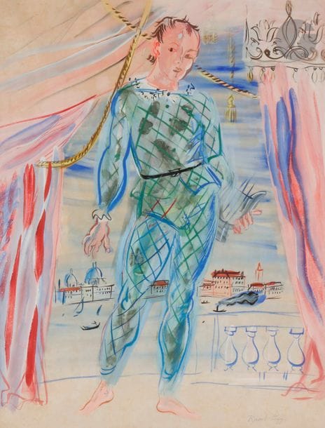Raoul DUFY (1877-1953)
Arlequin à la lyre, 1942
Aquarelle et gouache.
Signée en bas à droite.
64 x 48 cm


Bibliographie :
Fanny Guillon-Laffaille, Raoul Dufy, Catalogue Raisonné des aquarelles, gouaches et pastels, Tome II, Paris, Éditions Louis Carré & Cie, 1982, reproduit p. 218, n°1664.

Un certificat de Madame Fanny Guillon-Laffaille, en date du 15 octobre 2013, sera remis à l’acquéreur.