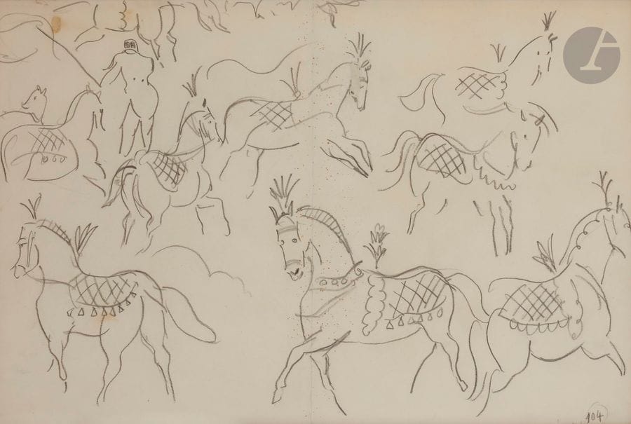 Raoul DUFY (1877-1953)
Chevaux de cirque
Crayon.
Annoté 104 en bas à droite.
(Pli médian vertical et petites taches).
31 x 48.5 cm


Un certificat de Madame Fanny Guillon-Laffaille, en date du 30 juin 1987, sera remis à l’acquéreur.