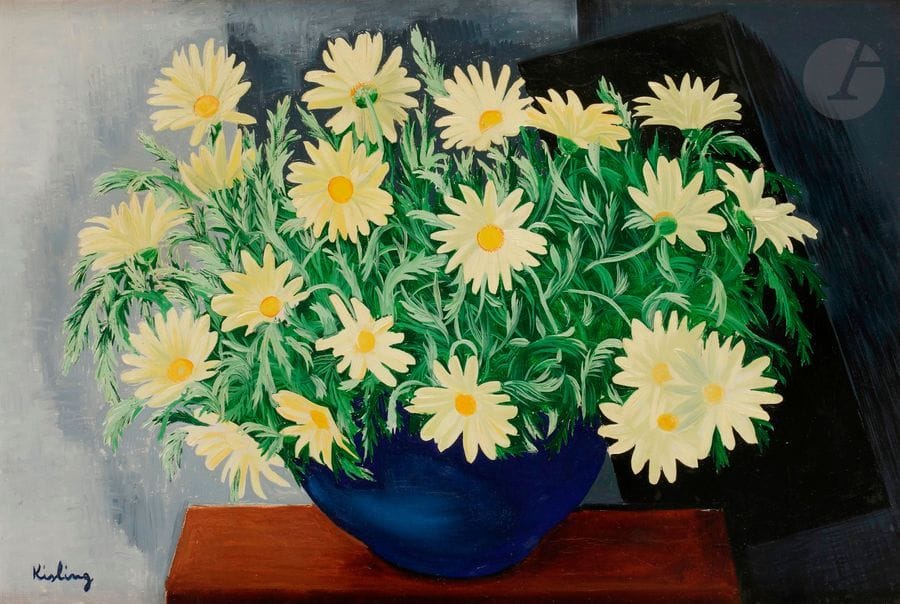Moïse KISLING (1891-1953)
Marguerites jaunes, 1932
Huile sur toile.
Signée en bas à gauche.
38 x 55 cm

Provenance : 
- Vente Maître Blache, Versailles, 4 juin 1975, n°40. 
- Collection particulière, Vendée. Acquis lors de cette vente.

Bibliographie : 
Henri Troyat, Kisling, Catalogue Raisonné, Tome 2, Paris, Éditions Jean Kisling, 1982, reproduit p. 201 sous le n°46.