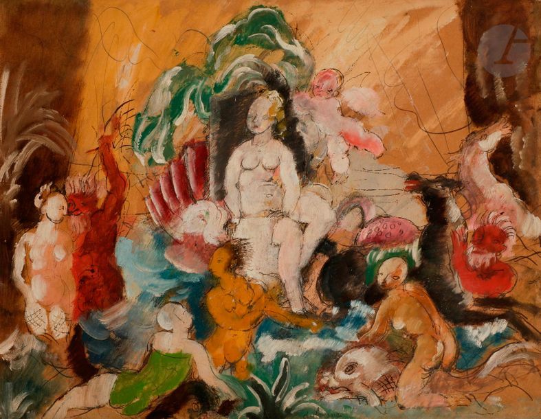 Charles DUFRESNE (1876-1938)
Vénus
Huile et encre sur papier fort monté sur châssis.
Signée en pied.
31 x 38.5 cm
 