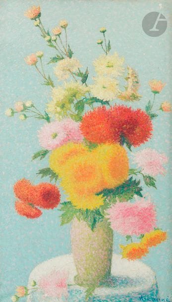 Achille LAUGÉ (1861-1944)
Chrysanthèmes dans un vase
Huile sur toile
Signée en bas à droite.
(Petits manques). 
72 x 41.5 cm

Provenance : 
- Vente de l’atelier Achille Laugé, Drouot, Maîtres Godeau, Solanet, Audap, 5 mars 1976, n°72. 
- Succession de Monsieur A., Paris.

Exposition : 
Achille Laugé (1861-1944), Hammer Galleries, New York, 1967, n°17, reproduit.

Un certificat de Madame Nicole Tamburini sera remis à l’acquéreur.