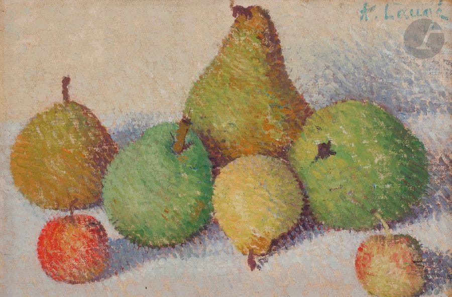 Achille LAUGÉ (1861-1944)
Nature morte aux cinq poires et aux deux pommes
Huile sur toile.
Porte le cachet de l’atelier en haut à droite.
20 x 30 cm

Provenance : 
- Vente de l’atelier Achille Laugé, Drouot, Maîtres Godeau, Solanet, Audap, 5 mars 1976, n°66. 
- Succession de Monsieur A., Paris.

Exposition : 
Achille Laugé : le point, la ligne, la lumière, Carcassonne, musée des Beaux-Arts ; Douai, musée de la Chartreuse, 
2009-2010, n°56, reproduit p. 87.

Un certificat de Madame Nicole Tamburini sera remis à l’acquéreur.