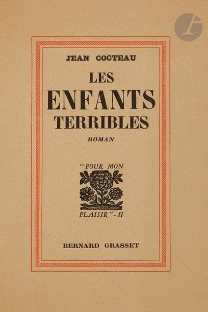 COCTEAU (Jean).
Les Enfants terribles. Roman.
Paris : Bernard Grasset, 1929. — In-4 tellière, 224 x 172 : (2 ff.), 228 pp., (1 f.), couvertures imprimées. Broché, sous double couverture, chemise et étui de l’époque.

Édition originale.
Un des 164 exemplaires réimposés au format in-4 tellière, celui-ci étant l’un des 15 numérotés sur papier de Montval, portant le numéro I.
Exemplaire parfaitement conservé, en grande partie non coupé, complet du feuillet d’errata volant. Quelques usures à l’étui.