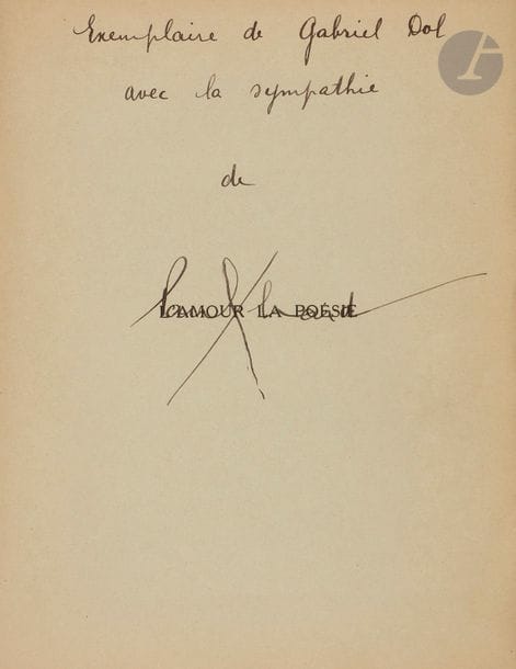 ÉLUARD (Paul).
L’Amour la Poésie.
Paris : Nouvelle Revue Française, 1929. — In-4, 218 x 165 : 133 pp., (1 f.), couverture imprimée. Broché.

Édition originale, dédiée à Gala, de ce recueil de poésies contenant notamment le célèbre poème débutant par le vers : « La terre est bleue comme une orange… »
Un des 12 exemplaires sur papier vert, réservés à l’auteur, celui-ci enrichi de cet envoi autographe sur le faux titre : 
Exemplaire de Gabriel Dol // avec la sympathie // de // Paul Eluard
Gabriel Dol était semble-t-il un écrivain languedocien ; il collabora aux Cahiers du Sud et à la revue L’Ane d’or.

Exemplaire bien conservé malgré de légères salissures à la couverture.
