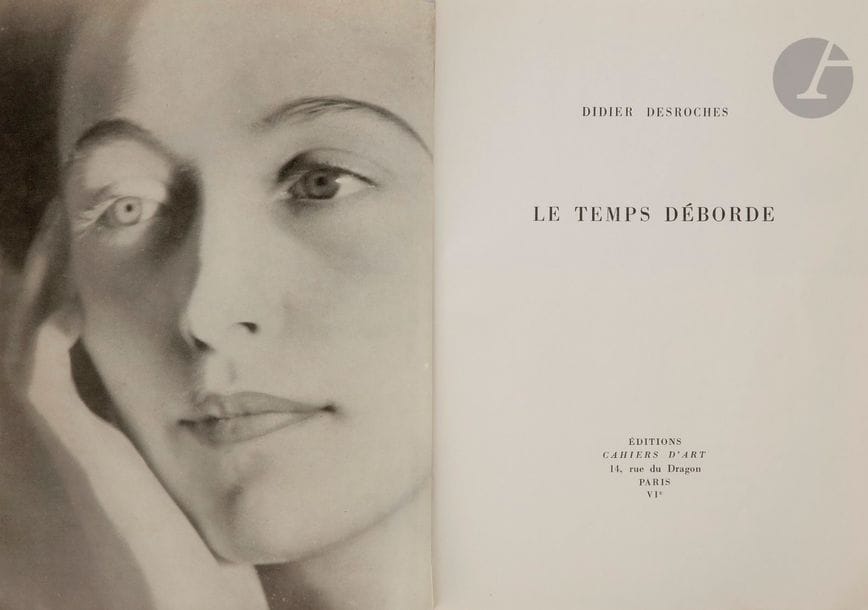 ÉLUARD (Paul).
Le Temps déborde.
Paris : Cahiers d’Art, [1947]. — Grand in-8, 245 x 182 : frontispice, (24 ff. 2 derniers blancs), couverture imprimée. Broché, couverture rempliée.

Édition originale publiée sous le pseudonyme de Didier Desroches de ce recueil de poèmes paru quelques mois après la mort brutale de Nush Éluard survenue le 28 novembre 1946.
Elle est illustrée de 11 photographies en noir de Man Ray et de Dora Maar représentant de superbes portraits de Nush.
Exemplaire très bien conservé malgré de légères rousseurs aux deux premiers feuillets.