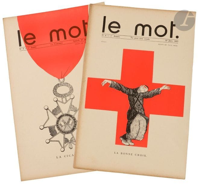 IRIBE (Jean) - COCTEAU (Jean).
Le Mot.
Paris, 28 novembre 1914-1er juillet 1915. — 20 fascicules in-folio, en feuilles ou agrafés.

Collection complète de cette belle revue satirique et patriotique, antiallemande, dirigée par Paul IRIBE en collaboration avec Jean COCTEAU.
Elle comporte 20 numéros parus au début de la grande guerre, du 28 novembre 1914 au 1er juillet 1915. Chaque numéro, comprenant de 2 à 6 feuillets, est illustré de compositions en noir et en couleurs de Paul Iribe, Jean Cocteau sous le pseudonyme de Jim, Sem (n°3), Raoul Dufy (n°10 et 13), Léon Bakst (n°18), Albert Gleizes ou André Lhote (n°20).
Exemplaire enrichi d’un exemplaire en seconde édition du premier numéro, et de la couverture censurée du numéro 8.
Ensemble très bien conservé malgré quelques déchirures aux 2 premiers numéros. Quelques piqûres et salissures sans gravité.