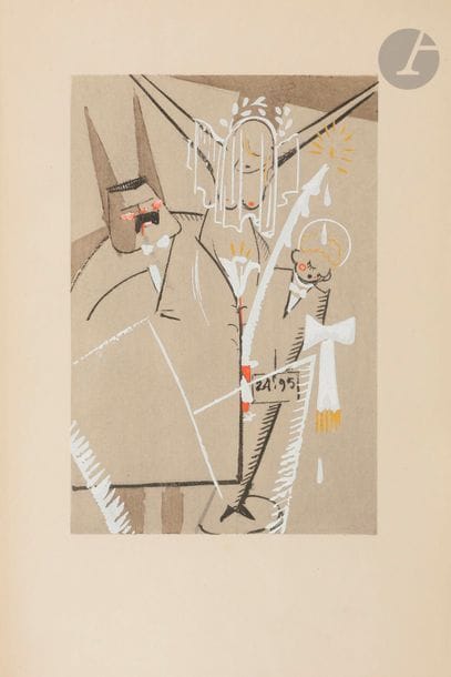 DYL (Yan-Bernard).
La Petite ville.
Paris : Simon Kra, [1926]. — In-4, 288 x 192 : (24 ff. dernier blanc), couverture illustrée. Broché, étui-boîte dont le premier plat reproduit la composition de la couverture (L. Strid).

Superbe et rare album composé de 21 aquarelles de Yan-Bernard DYL (1887-1944), dont une en noire sur le titre et 20 en couleurs, reproduites par les ateliers Jacomet et rehaussées au pochoir.
Dyl était un peintre, décorateur et illustrateur proche de Robert Delaunay. Il fut l’un des représentants du mouvement Art déco, auteur de plusieurs publicités ainsi que de couvertures et d’illustrations notamment pour l’éditeur Simon Kra, dont cette Petite ville publiée en 1926 qui montre à travers 20 illustrations la vie d’un village de province.
Cet album est considéré comme l’un des chefs-d’œuvres de cet artiste injustement oublié et l’un des premiers livres inspirés par le cinéma. Chaque composition est protégée par une serpente sur laquelle est imprimée une légende, ou plus exactement un morceau de texte qui bout-à-bout forme une phrase décrivant le village.
Tirage à 175 exemplaires. Un des 10 premiers sur japon, celui-ci étant plus précisément l’un de 9 sur ce papier numérotés de 2 à 10 (n°10), le numéro 1 étant celui qui contient tous les dessins originaux.
Exemplaire parfaitement conservé malgré de légères déchirures au bord de la couverture. Il est conservé dans un très bel étui signé de Lars Strid.