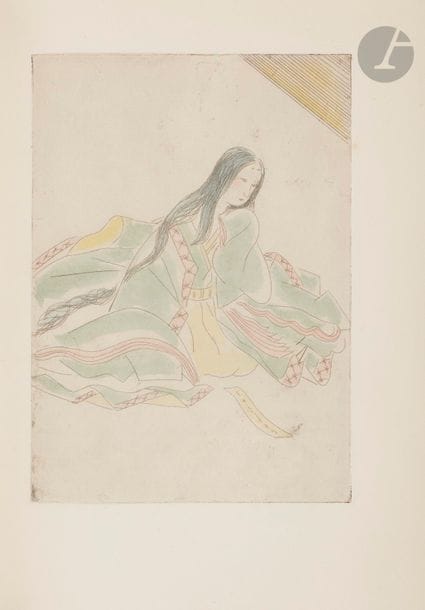 FOUJITA (Léonard) - CLAUDEL (Paul).
L’Oiseau Noir Dans le Soleil Levant.
Paris : Excelsior, 1927. — In-8, 260 x 195 : frontispice, (4 ff. premier blanc), 145 pp., (3 ff. dernier blanc), 
14 planches, 1 tableau, couverture illustrée. Chagrin orange, composition abstraite de filets droits et courbes et de compartiments de maroquin noir sur le côté du premier plat, dos lisse, tête dorée, non rogné, couverture illustrée, chemise à dos et bandes à recouvrement de chagrin orange, étui (Lenore & Gertrude).

Édition originale de ce recueil composé par Claudel à l’occasion de son second séjour en Extrême-Orient de 1921 à 1927. L’auteur le considérait comme un complément à Connaissance de l’Est.
L’ouvrage est illustré en premier tirage de 26 compositions de Léonard FOUJITA (1886-1968), dont une orange et noir sur la couverture, 10 dessins en noir dans le texte et 15 eaux-fortes originales en couleurs hors texte. 
Il comprend également le dernier chapitre présenté sous la forme d’un grand tableau dépliant.
Tirage à 546 exemplaires. Un des 60 sur Hollande van Gelder, les seuls à contenir 15 eaux-fortes. Le nombre d’eaux-fortes diffère effectivement selon le tirage, les 61 premiers exemplaires sur japon en comprennent 20, les 60 sur Hollande en comptent 15 et les 425 sur vergé d’Arches n’en possèdent que 12.
Bel exemplaire, très bien conservé.