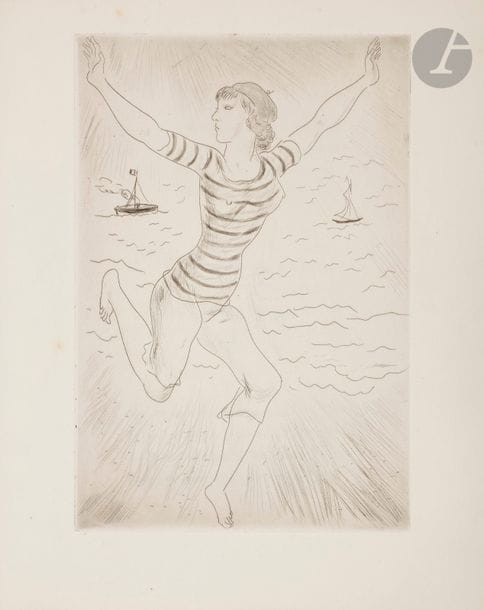 FOUJITA (Léonard) - VAUCAIRE (Michel).
Barres Parallèles poëmes inédits de Michel Vaucaire.
Paris : François Bernouard, 1927. — In-4, 272 x 220 : (36 ff. 2 premiers et dernier blancs), 5 planches, couverture imprimée. Veau bleu, plats composés alternativement d’une bande verticale de veau bleu orné de filets dorés et d’une bande de velours noir, dos lisse, tête dorée, non rogné, couverture et dos conservés (reliure de l’époque).

Édition originale, illustrée de 5 eaux-fortes originales hors texte de Léonard FOUJITA.

Tirage limité à 301 exemplaires ; un des 275 sur vergé de Rives.
Exemplaire enrichi d’une L.A.S. de Léonard Foujita, 1 page in-12, Auteuil 17 février 1929, à propos d’un rendez-vous, et d’une L.A.S. de Michel Vaucaire adressée à Bernouard, 1 page in-12, auquel il demande de penser à envoyer des exemplaires de Barres parallèles à la librairie Crès.
Reliure amateur de moyenne qualité. Frottements d’usage, griffures sur le second plat. Rousseurs éparses, quelques traces de mouillures claires. Déchirure à l’angle supérieur de la couverture.