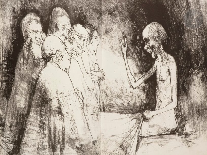 JANSEM (Jean) - VILLON (François).
Œuvres poétiques.
Paris : Club du livre, Philippe Lebaud, [1966]. — In-4, 318 x 250 : 236 pp., (4 ff. dernier blanc). Basane noire, plats et dos ornés d’un décor de feuillage gaufré à froid pour les tiges et argenté pour les feuilles, dos lisse, doublures et gardes de papier bronze et argenté, tête argentée, non rogné, chemise à rabats à dos et bandes de basane noire, étui (reliure d’édition d’après une maquette de Mercher).

Édition parue dans la collection « Gravure contemporaine », tirée à 325 exemplaires signés par l’artiste et revêtus d’une reliure exécutée d’après une maquette de Henri Mercher. Elle est illustrée de 20 lithographies originales de Jean JANSEM (1920-2013), dont 17 à pleine page et 3 sur double page.
Un des 225 exemplaires sur papier de rives, parfaitement conservé.
Provenance : Ch.-A. Jumel, avec ex-libris.