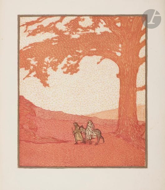 JOUVE (Paul) - SCHMIED (François-Louis).
Les Noëls.
[Paris : François-Louis Schmied], s.d. — In-4, 263 x 229 : (1 f.) et 
16 planches montées sur onglets, couverture illustrée. Chagrin noir, grande pièce de box mauve en creux sur les plats, ornée de filets noirs en encadrement et de motifs dorés sur le premier plat et de filets dorés en encadrement sur le second plat, dos lisse orné du titre doré et de fleurs mauves, doublures de soie brochée, gardes de soie dorée, tête ornée de fleurons dorés, non rogné, premier plat de couverture conservé, étui (Paul Blocteur)

Suite très rare de 16 compositions de Paul Jouve gravées sur bois en couleurs par François-Louis Schmied.
Ces gravures étaient destinées à un ouvrage sur les Noëls. L’ouvrage « entrepris en 1912, grâce à l’initiative de Édouard Maury fut interrompu en 1915 par la disparition de celui-ci » (justification).
Tirage à seulement 50 exemplaires sur papier vélin.
Exemplaire en reliure amateur présentant plusieurs défauts d’exécution dans la conception et les décors.
