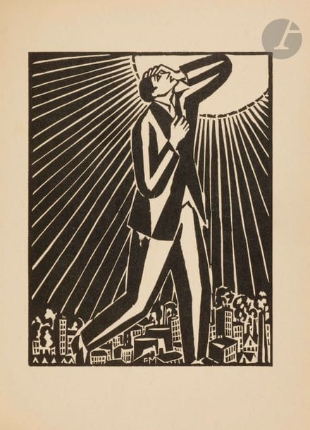 MASEREEL (Frans).
Le Soleil.
Genève : Le Sablier, 1919. — In-16, 162 x 119 : (72 ff. 2 premiers et dernier blancs), couverture imprimée. Broché, couverture rempliée.

Édition orignale tirée à 451 exemplaires, de ce récit graphique, évocation symbolique du soleil, idéal lumineux vers lequel l’homme se tourne, composé de 63 illustrations dessinées et gravées sur bois à pleine page du peintre, graveur et illustrateur belge Frans MASEREEL (1889-1972).
Un des 21 premiers exemplaires sur papier japon (n°7), les seuls signés par l’artiste.
Exemplaire parfaitement conservé.
