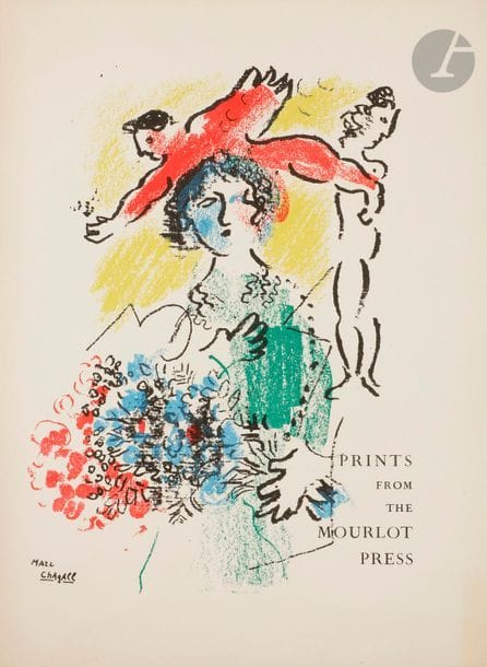 MOURLOT (atelier).
Prints from the Mourlot press.
Paris : Fernand Mourlot, 1964. — In-4, 296 x 212 : 64 pp., (7 ff.), couverture illustrée. Broché, couverture rempliée.

Beau catalogue rédigé en anglais pour l’exposition qui se déroula à la « Smithsonian Institute » au États-Unis en 1964, comprenant quelques reproductions mais également 18 lithographies originales de Marc CHAGALL, Pablo PICASSO, Joan MIRÓ, André BEAUDIN, Henri MATISSE, Paul GUIRAMAND, Richard FLORSHEIM, Bernard CATHELIN, André BRASILIER, Maurice BRIANCHON, Jean COCTEAU, André MINAUX, Paul JENKINS, Alexander CALDER, Akira KITO, Alberto GIACOMETTI et Alfred MANESSIER. La préface est de Jean Adhémar.
Tirage à 2 200 exemplaires ; un des 200 sur vélin de Rives, au format in-4, celui-ci non justifié.
Exemplaire très bien conservé malgré des piqûres à quelques feuillets. Traces laissées par le scotch de la couverture de papier cristal sur le premier et le dernier feuillet.