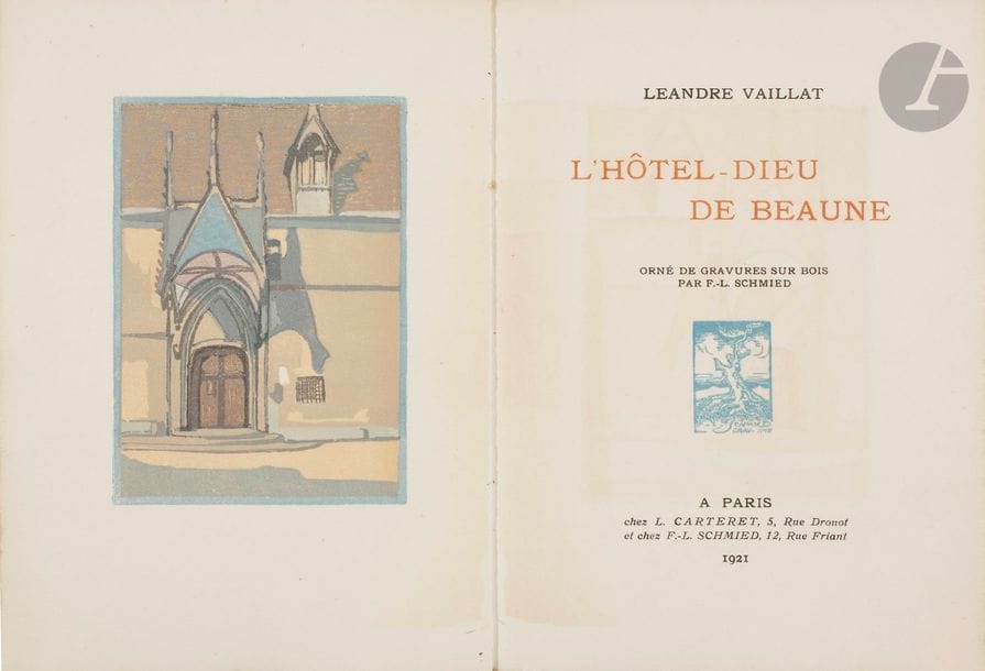 SCHMIED (François-Louis) - VAILLAT (Léandre).
L’Hôtel-Dieu de Beaune.
Paris : L. Carteret, F.-L. Schmied, 1921. — In-12, 189 x 135 : (32 ff. 3 premiers et 3 derniers blancs), couverture imprimée. Broché, couverture rempliée, rhodoïd.

Édition tirée à 225 exemplaires, illustrée de 5 compositions à pleine page et 2 vignettes, gravées sur bois en couleurs par François-Louis SCHMIED (1873-1941). Elle fut imprimée sur les presses à bras de l’artiste.
Un des 25 exemplaires sur papier vélin de Hollande (n°9), comprenant la signature imprimée en couleur de Schmied.
Exemplaire très bien conservé. Quelques décharges des illustrations.
Provenance : Armand de Vasselot de Régné, avec ex-libris.
