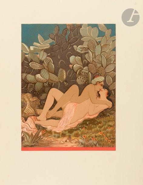 SCHMIED (François-Louis) - LUCIEN-GRAUX.
L’Agneau du Moghreb.
[Paris] : Pour les Amis du Docteur Lucien-Graux, [1942]. 
— In-4, 325 x 262 : frontispice, (24 ff. ), 4 planches, couverture illustrée. Chagrin beige, premier plat décoré d’une grande pièce de chagrin vert orné de filets verticaux de différentes couleurs sur les côtés et de fleurons dorés au centre, entourée d’un large cadre de chagrin noir orné de deux filets blancs, second plat orné d’un encadrement de deux filets dorés et de deux filets noirs, et de motifs dorés au centre, dos lisse orné, tête mouchetée et ornée, non rogné, couverture et dos conservés (Paul Blocteur).

Édition originale tirée à 125 exemplaires numérotés sur papier vélin, constituant le 31e volume de la collection « Pour les amis du docteur Lucien-Graux. » Elle est illustrée d’ornements et de 5 compositions en couleurs hors texte de François-Louis SCHMIED (1873-1941), gravés sur bois par Théo Schmied.
Exemplaire entièrement monté sur onglets, dans une reliure amateur signée Paul Blocteur.