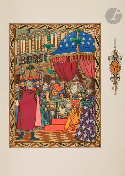 ZWORYKINE (Boris) - POUCHKINE (Alexandre).
Le Coq d’or et autres contes.
Paris : H. Piazza, [1925]. — In-4, 293 x 222 : (5 ff. premier blanc), 76 pp., (4 ff. dernier blanc), 20 planches, couverture illustrée. Maroquin bleu, encadrement composé d’un filet gras et d’un filet maigre dorés sur les plats, plat supérieur orné au centre d’une composition de style oriental faite de filets courbes et de volutes dorés, accompagnés de motifs de fleurs stylisées mosaïquées de maroquins de teintes différentes, dans un cadre à quatre lobes de maroquin bleu se terminant en pointe ; dos à nerfs orné de filets dorés, encadrement de maroquin bleu à l’intérieur, orné d’un filet doré, doublures et gardes de soie moirée marron, doubles gardes, tranches dorées et peintes aux angles et au bord du dos, couverture et dos conservés, étui (Schumacher, Berne).

Belle édition tirée à 955 exemplaires, illustrée de vignettes, ornements, intitiales et de 20 compositions hors texte du peintre d’icônes et illustrateur russe Boris ZWORYKINE (1872-1945). Chaque page de texte comporte en outre un encadrement en bistre.
Un des 775 exemplaires sur vélin pur fil des manufactures de Blanchet frères et Kléber.
Très joli exemplaire en reliure mosaïquée de Schumacher de Berne.
Dos passé.