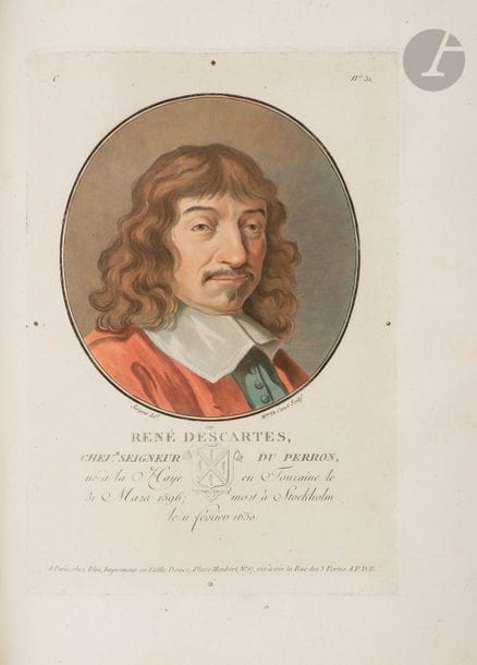 [SERGENT-MARCEAU, Antoine Louis François Sergent, dit].
Portraits des grands Hommes, Femmes illustres, et sujets mémorables de France.
Paris : Blin, [1786-1792]. — In-4, 320 x 238 : titre, dédicace, 192 planches. Demi-veau bleu à coins, filets dorés, dos à nerfs orné, tranches mouchetées (reliure du XIXe siècle).

Cohen, 951-952.

Édition originale de ce superbe recueil de planches gravées en couleurs, dédié au roi.
Publié par l’éditeur et imprimeur en taille-douce Pierre Blin, cet ouvrage était destiné à offrir « le portrait coloré de tous les héros de la France, avec le Tableau de leur action la plus éclatante. » Il fut publié en 48 livraisons de 1786 à 1792, chacune comprenant 4 planches, soit 2 portraits et 2 actions. Il se compose d’un titre gravé aux armes royales, d’une dédicace au roi gravée par Beaublé, et de 192 planches gravées à l’aquatinte au repérage en couleurs par Mme de Cernel, Ridé, Morret, Roger, etc. d’après les dessins d’Antoine-François Sergent-Marceau (1751-1847), dessinateur, graveur et homme politique, beau-frère du général Marceau.
Chaque personnage est représenté en médaillon accompagné de ses armes ; il est suivi d’une biographie succincte par Desfontaines, surmontée d’une scène représentant l’un des événements marquants de sa vie.

Précieux exemplaire provenant de la bibliothèque de la reine Marie-Amélie de Bourbon (1782-1866), avec le cachet de la bibliothèque de la reine au Palais-royal, puis de celle de Henriette de Belgique, duchesse de Vendôme (1870-1948).

Quelques restaurations aux charnières et aux coins. Les vies et actions de Nicolas Poussin et de Jean Jouvenet sont reliées à la fin.

Provenance : Marie-Amélie, avec cachet sur la première garde blanche. - Duchesse de Vendôme, princesse de Belgique, avec ex-libris.